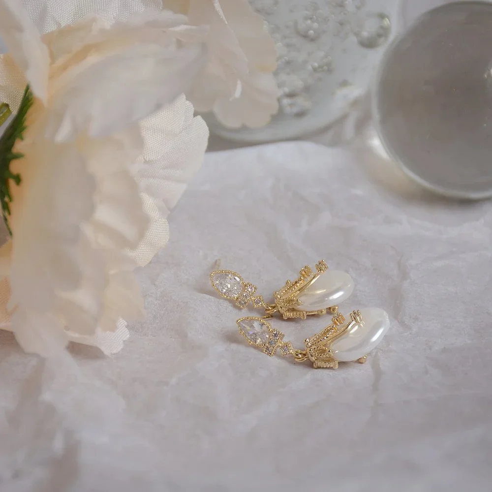 NEW 14K Gold Plated Fresh Water Pearl Diamond Bow Knot Earrings